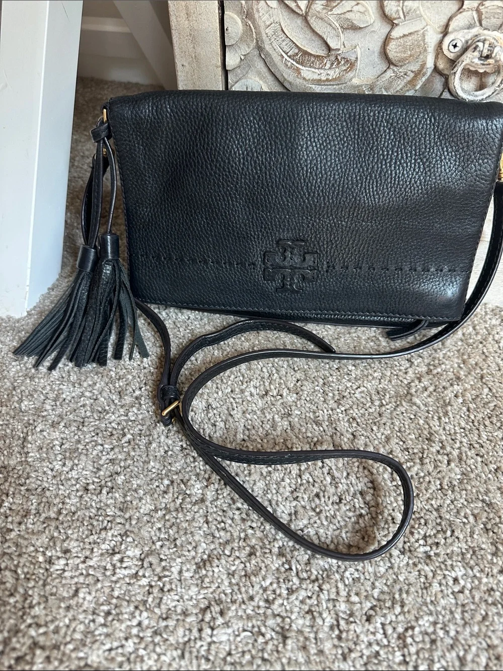 Tory Burch Black Pebbled Leather Fold-Over Crossbody with Tassel